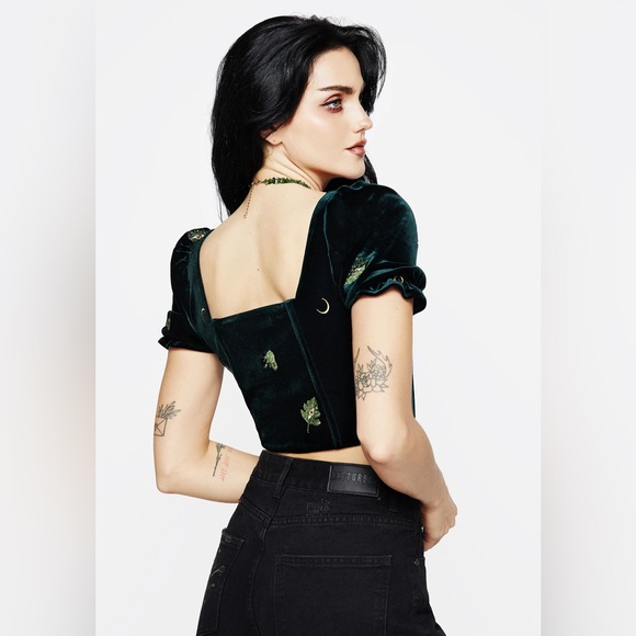 Disturbia Black Velvet Crop Top with Green Accents - Picture 2 of 9